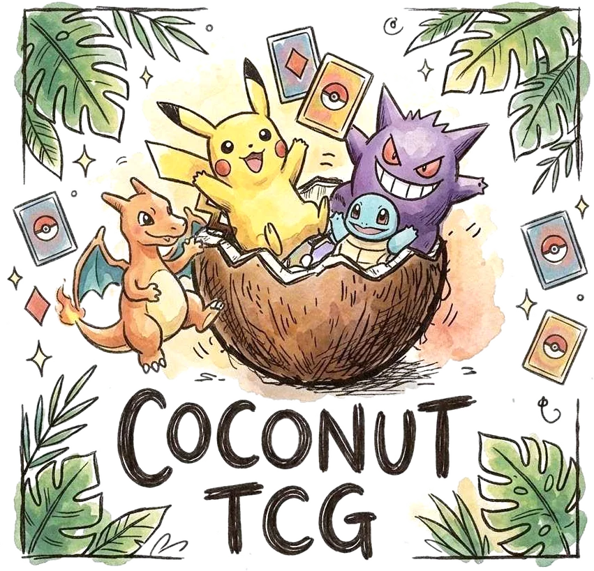 The Coconut TCG illustration: a cracked coconut full of Pokémon cards, framed by palm leaves